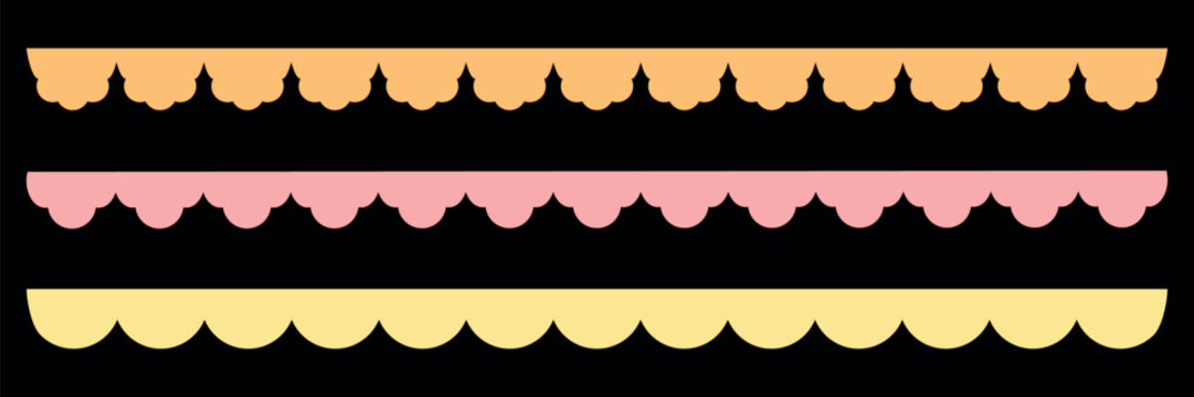 Set of Cute scalloped edge seamless upper border. Vector illustration isolated on Black background.