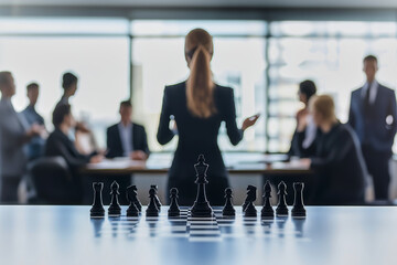 Woman manager in a modern corporate strategy meeting. A chessboard in the foreground reinforces the concept of strategy and role-playing. Gender dynamics. Gender gap