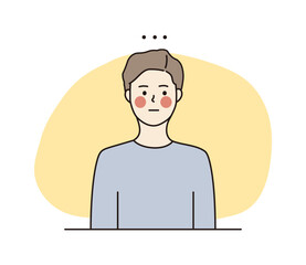 Young boy blushing, feeling shy or embarrassed. Reaction, facial expression, mood concept. Hand drawn thin line style character vector illustrations.