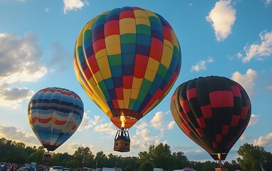 Obraz premium Three vibrant hot air balloons ascend against a partly cloudy sky, with trees and spectators visible below.
