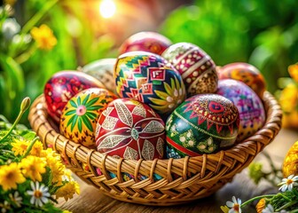 Fototapeta premium Colorful Easter Eggs Nestled in a Basket - Vibrant Spring Decor, Holiday Celebrations, Festive Traditions, Easter Symbols, Seasonal Crafts, Family Gatherings, Nature Inspiration, Joyful Atmosphere