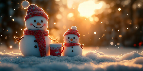 3D, a whimsical portrait of a family,Snowman Serenity: A Peaceful Winter Scene with Two Snowmen Sharing a Warm Drink