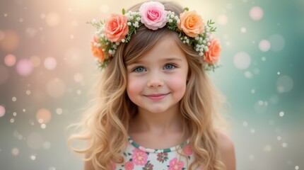 Fototapeta premium Whimsical Portrait of a Young Girl in a Flower Crown