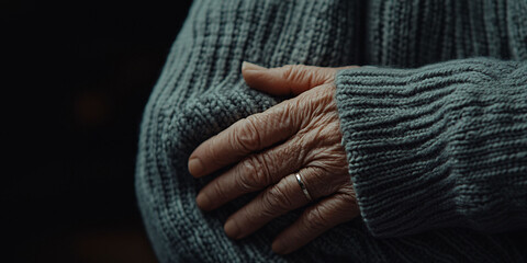 Close-up, side view of a Senior hand on a senior’s shoulder, capturing the gentle and supportive touch in a caregiving environment.