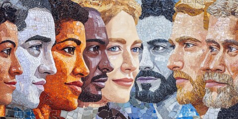 A mosaic of faces, showing people of all ages, races, and genders, represents equality, human rights, and acceptance of diversity.