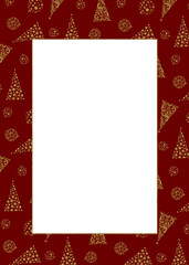 Festive postcard design. Red background with golden trees and toys. Hand-drawn watercolor illustration