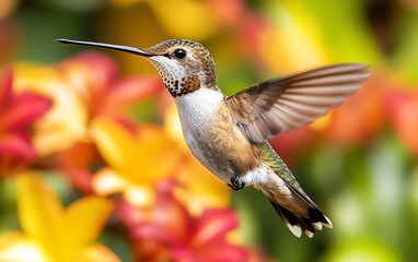 A vibrant hummingbird in flight, wings outstretched, hovering near colorful flowers.