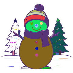 A cartoon snowman is standing in the snow. He is wearing a blue scarf and a red and green hat. There are two trees next to the snowman.