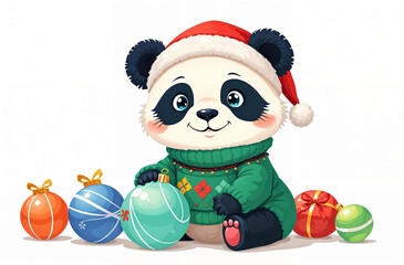 Cute panda in a holiday sweater decorating with colorful ornaments