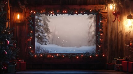 A blank whiteboard framed with Christmas garlands and sparkling fairy lights, glistening snow outside the window, warm firelight casting a gentle glow on the board, Christmas holidays