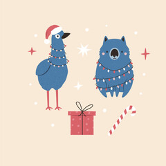 Obraz premium Australian Christmas Greeting Card with Wombat, Emu Characters. Festive Holiday Illustration, Design.