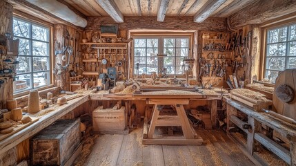 A cluttered woodworking workshop with tools and unfinished projects