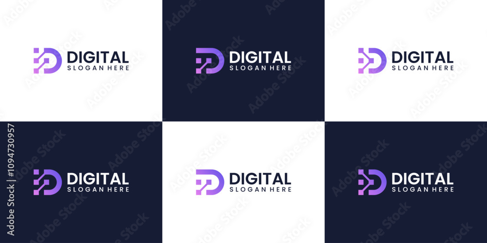 Fototapete collection of technology logo. initial letter d with connected data technology style design icon vec