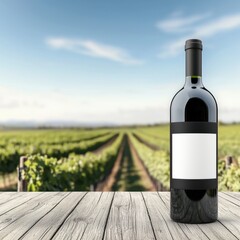 Fototapeta premium Elegant wine bottle mock-up concept. Bottle of wine on a wooden table with vineyard background