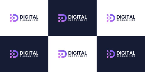 Collection of Technology logo. Initial letter D with connected data technology style design icon vector