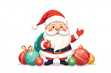 Santa Claus happily holding a red ornament surrounded by colorful Christmas decorations in a cheerful holiday setting