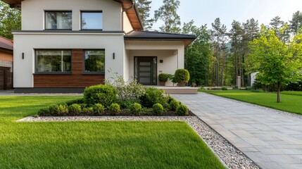 Modern suburban home with manicured lawn and pathway leading to the entrance surrounded by lush greenery and serene nature in a peaceful neighborhood