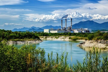 Industrial plant beside a river with mountains in the background