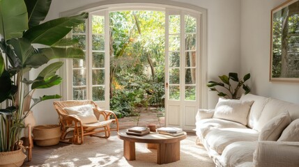 Fototapeta premium Bright living room with cozy seating and lush garden view, AI