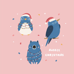 Australian Christmas Greeting Card with Wombat, Kookaburra, Penguin Characters. Festive Holiday Illustration, Design.