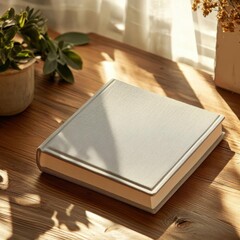 Fototapeta premium Gray Book on Wooden Table with Sunlight