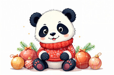 Cute panda in a festive sweater surrounded by colorful ornaments celebrates the holiday season