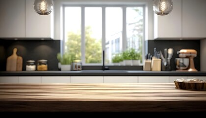 Modern Kitchen Interior with Elegant Wooden Countertop and Natural Light Streaming Through Large Windows Enhancing the Aesthetic Atmosphere