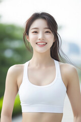 Fototapeta premium Korean fitness woman wearing sportswear sweating during exercise