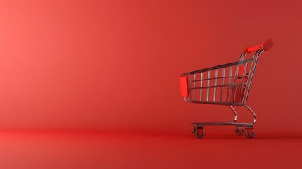 Shopping Cart Displayed in Minimalist Red Background Retail Concept Digital Art Modern Environment Simple Viewpoint