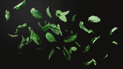 Flying Mint Leaves - A Captivating Sight of Nature's Delicacy in Motion. The Fresh and Green Mint Leaves, Gently Floating and Soaring in the Air, Their Delicate Shape and Refreshing Hue Creating a Ser