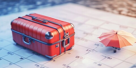 A suitcase, umbrella, and airplane sit on a calendar.  This symbolizes a relaxing vacation or holiday,  a paid time off period for employees.