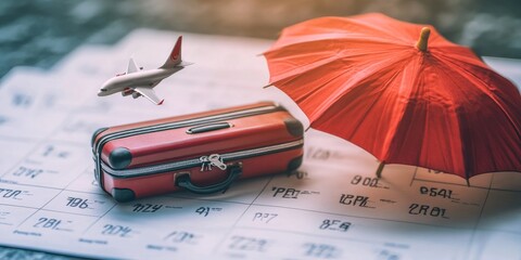 A suitcase, umbrella, and airplane sit on a calendar.  This symbolizes a relaxing vacation or holiday,  a paid time off period for employees.