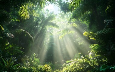Fototapeta premium Sunbeams pierce through dense tropical rainforest canopy, illuminating lush green foliage and undergrowth.