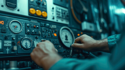 An operator skillfully adjusting controls in a high-tech industrial facility showcasing precision in action amidst complex machinery