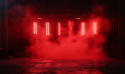  Free stage with lights and smoke, Empty stage with red spotlights, conser, show, party, Presentation concept. Red spotlight strike on black background 