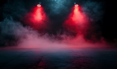 Fototapeta premium Free stage with lights and smoke, Empty stage with red spotlights, conser, show, party, Presentation concept. Red spotlight strike on black background 