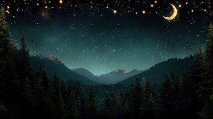 Fototapeta premium Starry night sky with crescent moon over a serene forest landscape, AI