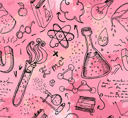 Back to School: science lab objects doodle hand drawn vintage style sketches seamless pattern, vector illustration.