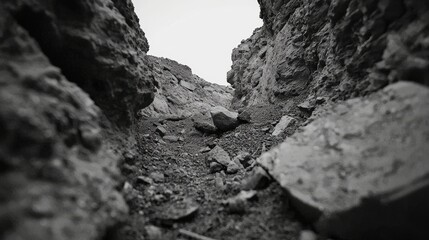 Fototapeta premium Detailed View of Rocky Terrain in Monochrome: A Narrow Pathway Among Medley of Stones and Gravel with Textured Surfaces in Unconventional Perspective