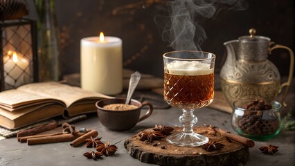 Naklejka premium A steaming glass of buttered rum served beside a lit candle and an open book, creating a warm and nostalgic winter ambiance.