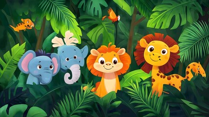 Fototapeta premium Adorable jungle animals peeking from lush foliage.