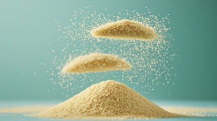 Semolina grains are suspended air soft bright background illustrating their fine texture and form as they separate and settle