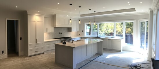 Fototapeta premium Modern White Kitchen Design with Island and Natural Light