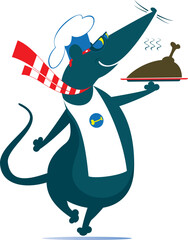Rat or mouse a cook. Rat or mouse holding a tray with food. 
Funny rat or mouse holding a tray with meat, duck or chicken. Isolated on white background
