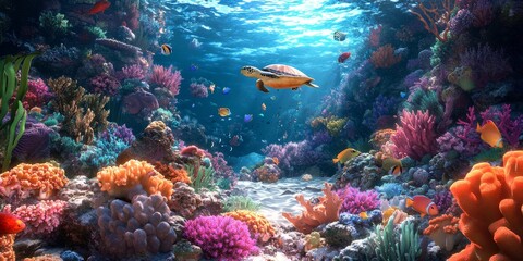 A vibrant coral reef teeming with fish and a sea turtle.