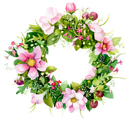 watercolor flower wreath with pink and red flowers and green leaves