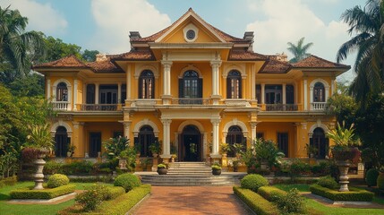 Magnificent Yellow Colonial Mansion in Lush Tropical Garden