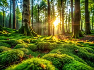 Lush Green Moss on Forest Floor - High Depth of Field, Nature Background for Tranquil and Serene Settings, Perfect for Eco-Friendly Designs and Natural Landscapes