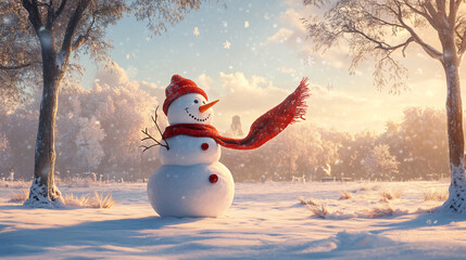 Fototapeta premium An artistic illustration of a snowman standing in a snowy park, with a scarf blowing in the wind, surrounded by trees and a frosty atmosphere.