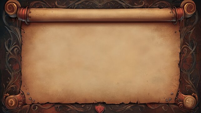 A blank parchment scroll rests on a vibrant backdrop of lush green leaves, evokes a sense of mystery and adventure in a forest setting rich with details.